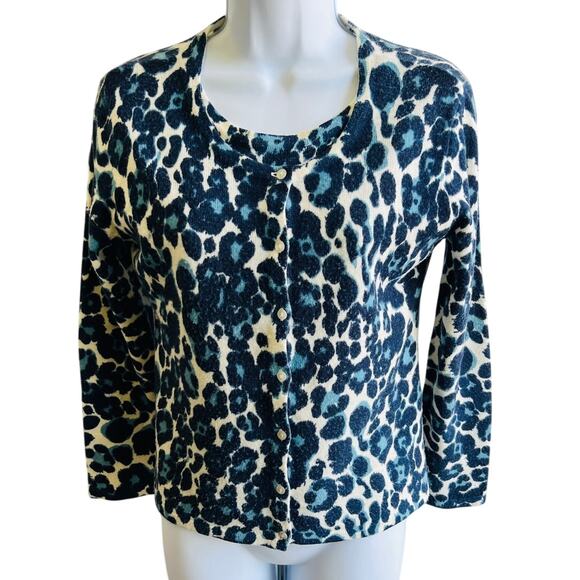 🐆Laura Scott Blue Leopard Print Cardigan SP Petite Y2K Animal Print - Picture 1 of 4